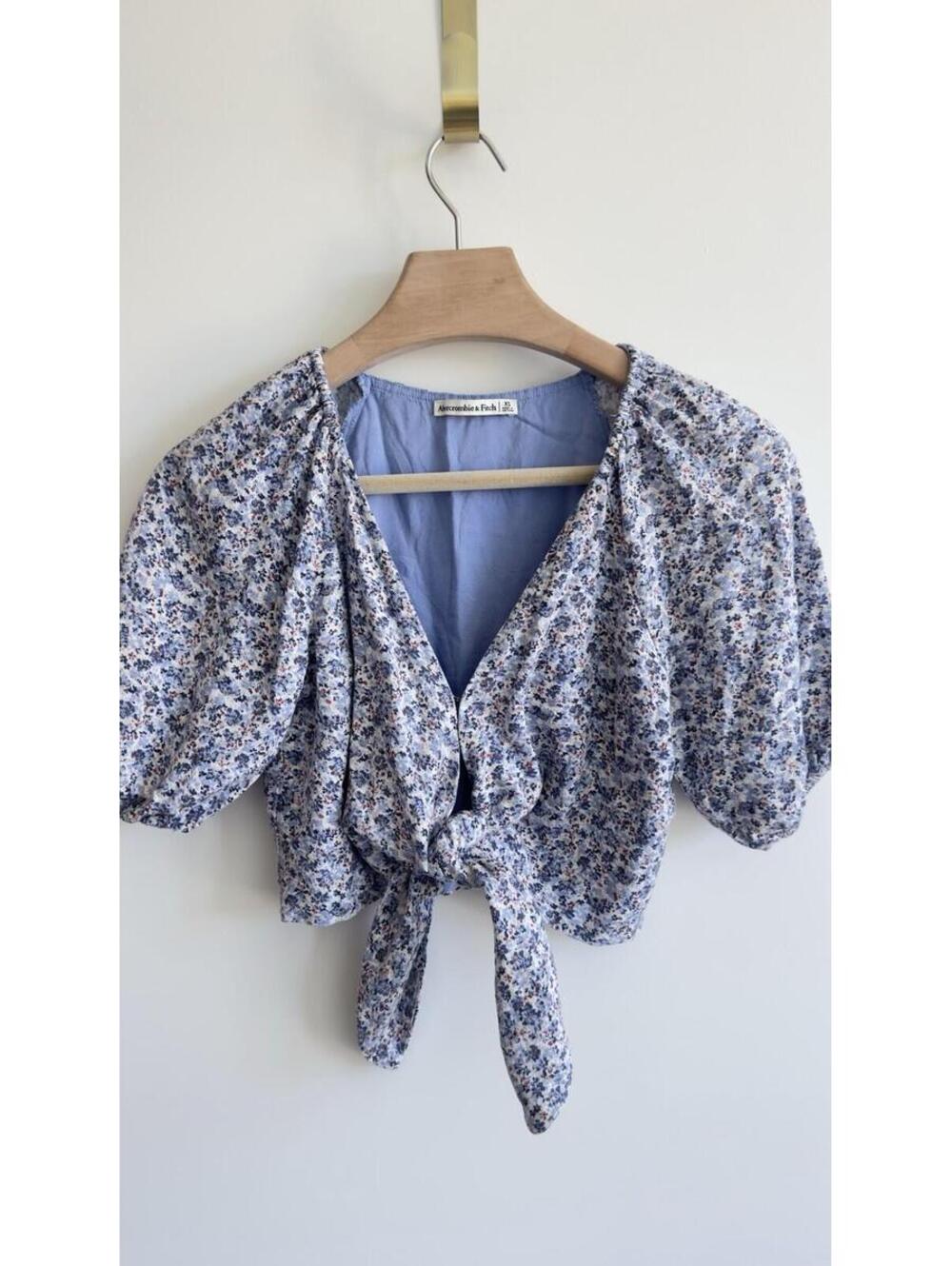 Abercrombie & Fitch Linen Blend Floral Tie Front Crop Top Puff Sleeve XS - Picture 2 of 9